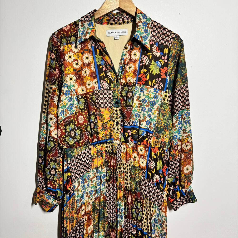 Emma & Michele‎ Women L Long Sleeve Scarf Patchwork Pleated Midi Shirtdress - Picture 4 of 9